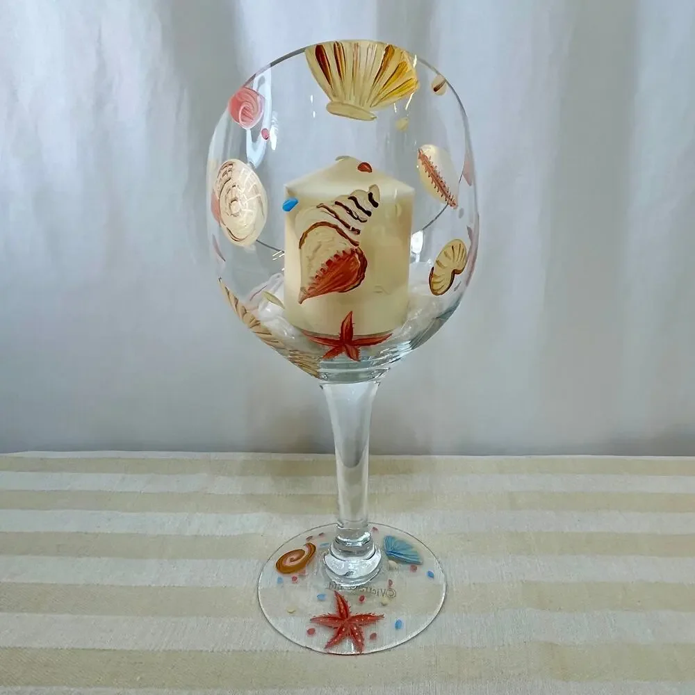 Painted Sea Shell Clear Glass Candleholder Votive Candle Rests on Sand Beach New